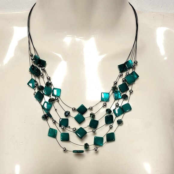 Multistrand Layered Teal Green Bead Necklace - Picture 1 of 10